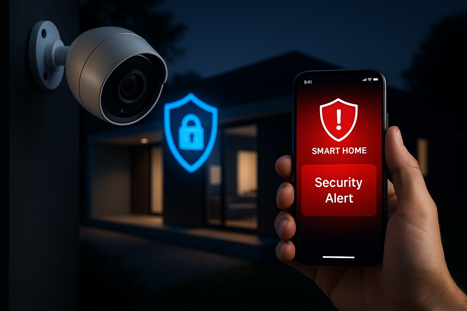 Zewnętrzna kamera bezpieczeństwa zamontowana na ścianie domu oraz smartfon z alertem „Security Alert” w aplikacji smart home, na tle nocnego otoczenia budynku.