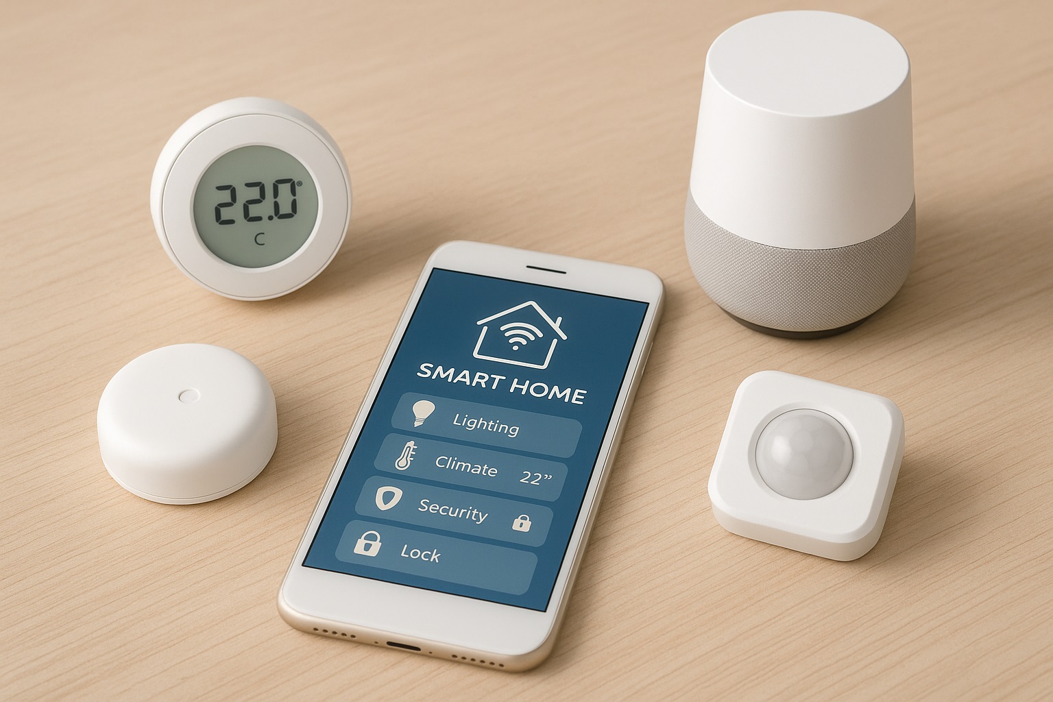 Smartfon z aplikacją smart home na ekranie, otoczony czujnikiem temperatury, czujnikiem ruchu i inteligentnym głośnikiem na drewnianym blacie.