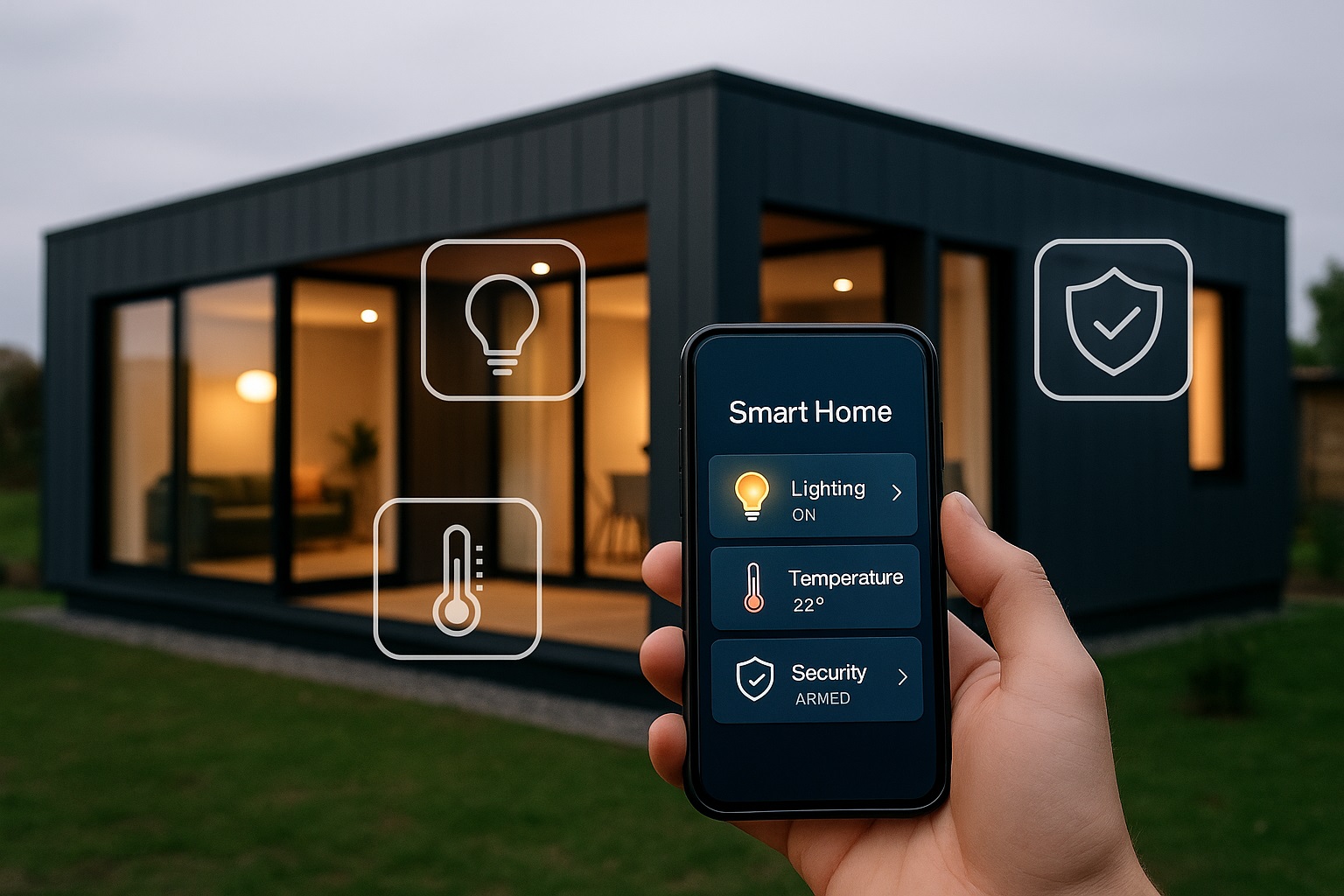 Osoba sterująca systemem smart home za pomocą telefonu przed nowoczesnym domem modułowym wieczorem – włączone światło i kontrola temperatury.